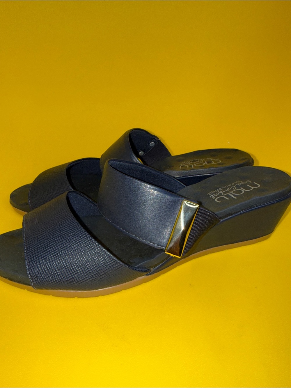 Malu Navy Wedge Comfort Slide Sandals with Gold Accent made in Brazil